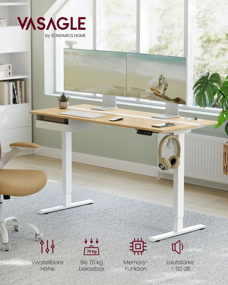 Songmics Vasagle Rašomasis stalas su kištukiniais lizdais ir stalčiumi 60 x 140 cm