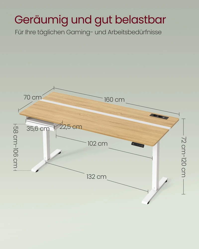 Vasagle Rašomasis stalas su lizdu ir stalčiumi 70 x 160 cm auksinio ąžuolo spalvos-debesų baltumo