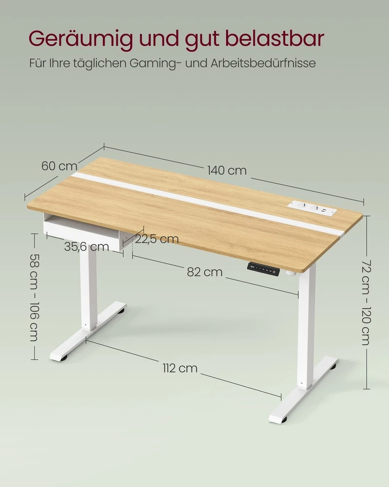 Songmics Vasagle Rašomasis stalas su kištukiniais lizdais ir stalčiumi 60 x 140 cm