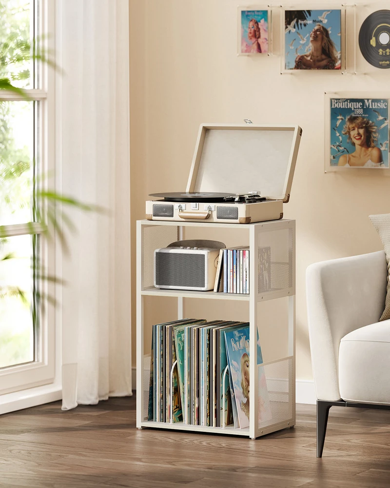 TV staliukas Songmics Vasagle Įrašų grotuvo stovas su 3 lentynomis iki 100 albumų, baltas