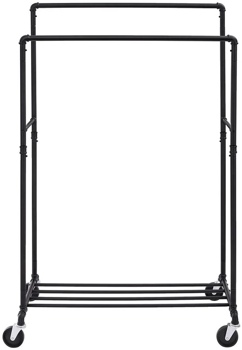 Songmics Drabužių kabykla su 2 skersiniais ir ratukais, juoda, 100 × 59 × 142–162 cm