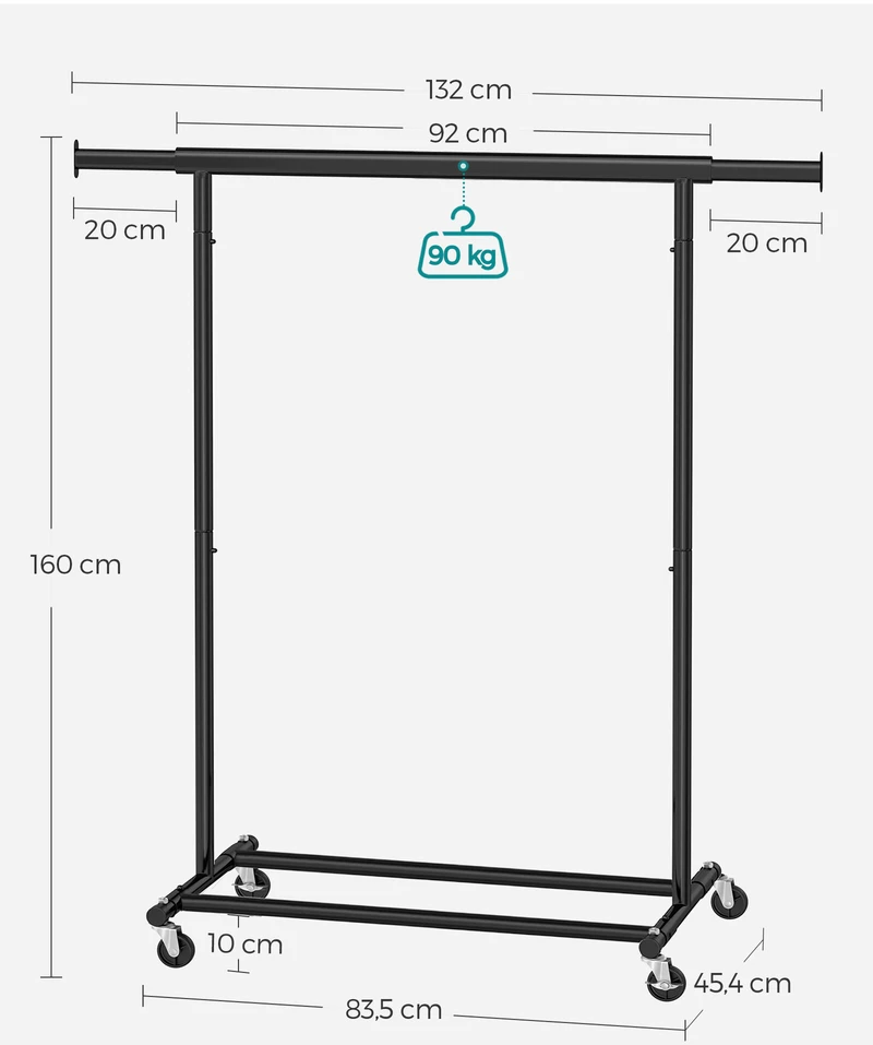 Songmics Drabužių kabykla su ratukais ir reguliuojamu pločiu, juoda, 92–132 x 45,4 x 160 cm