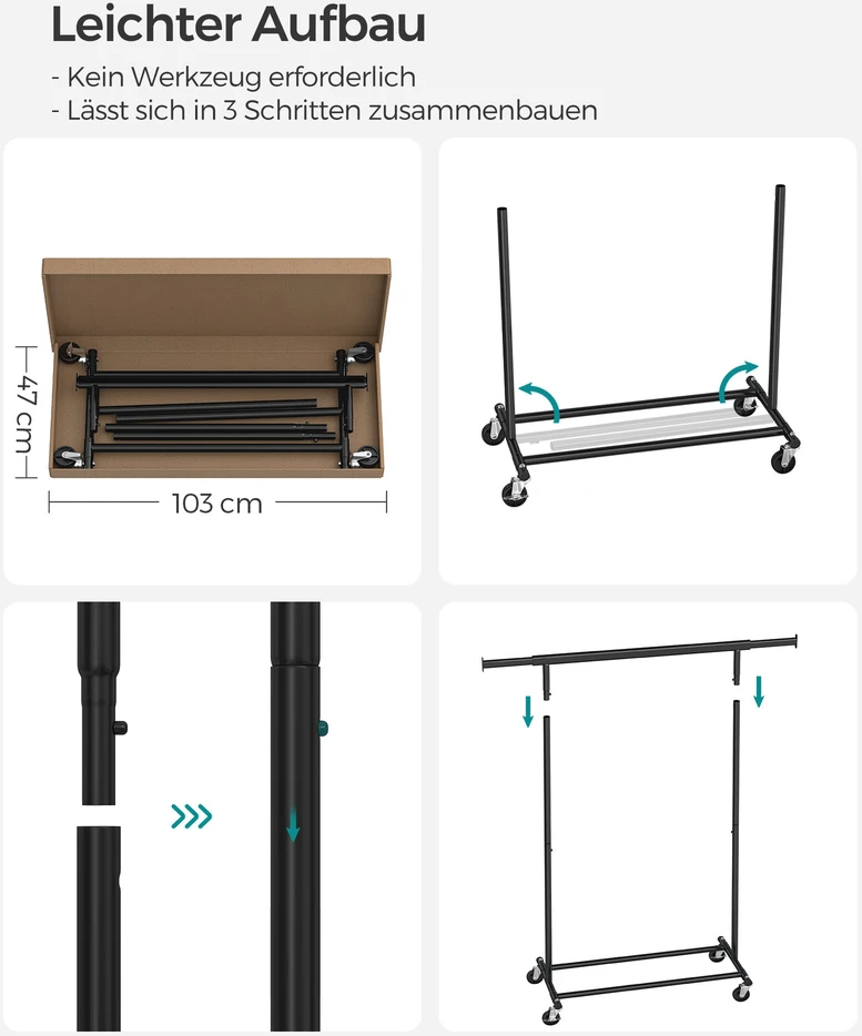 Songmics Drabužių kabykla su ratukais ir reguliuojamu pločiu, juoda, 92–132 x 45,4 x 160 cm