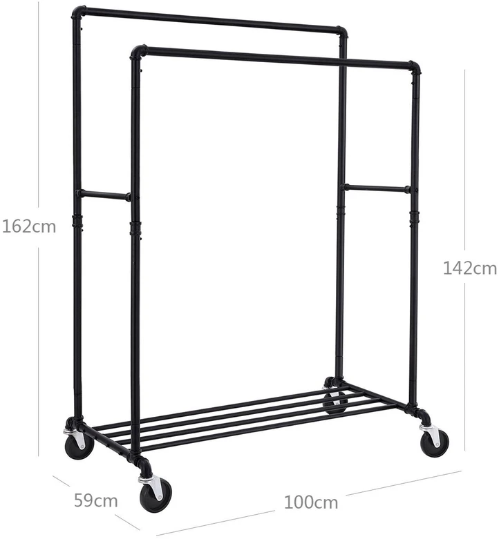Songmics Drabužių kabykla su 2 skersiniais ir ratukais, juoda, 100 × 59 × 142–162 cm