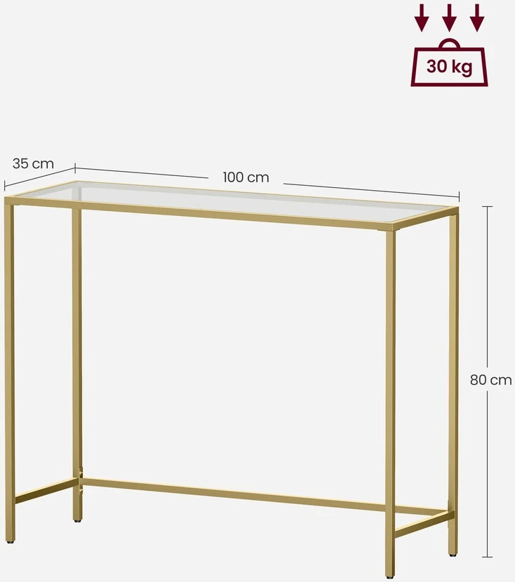 Songmics Konsolinis stalas su grūdinto stiklo stalviršiu, aukso spalvos, 100 x 35 x 80 cm