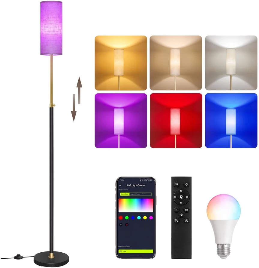 Songmics RGB LED reguliuojamo aukščio toršeras, juodas, 25 x 25 x 148–178 cm