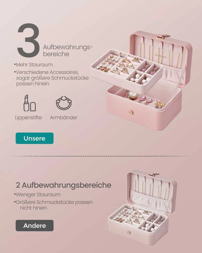 SONGMICS papuošalų dėžutė kelionėms, 2 lygiai, dovanų idėja, pastelinė rožinė