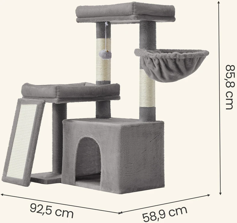 Songmics Kačių draskyklė su urvu ir rampa, šviesiai pilka, 85,8 cm