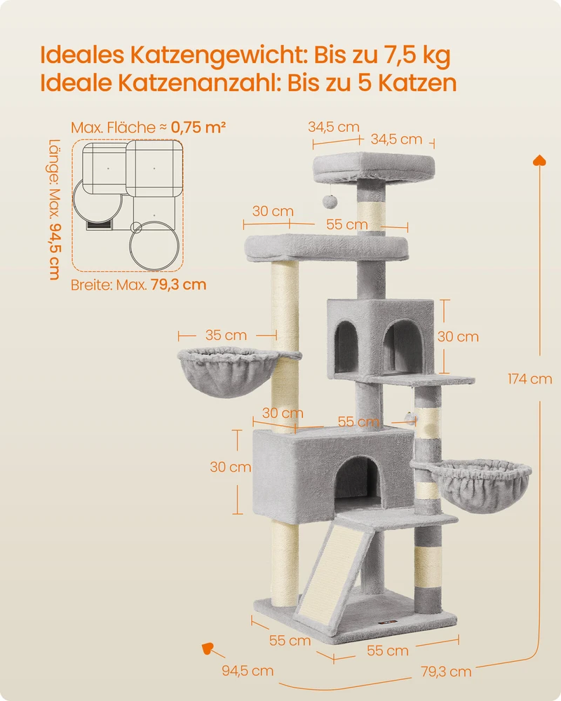 Songmics Kačių draskyklė su platforma ir dviem urveliais, pilka, 174 cm