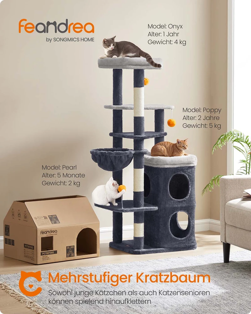 Songmics Kačių draskyklė su urveliais ir platformomis 152cm