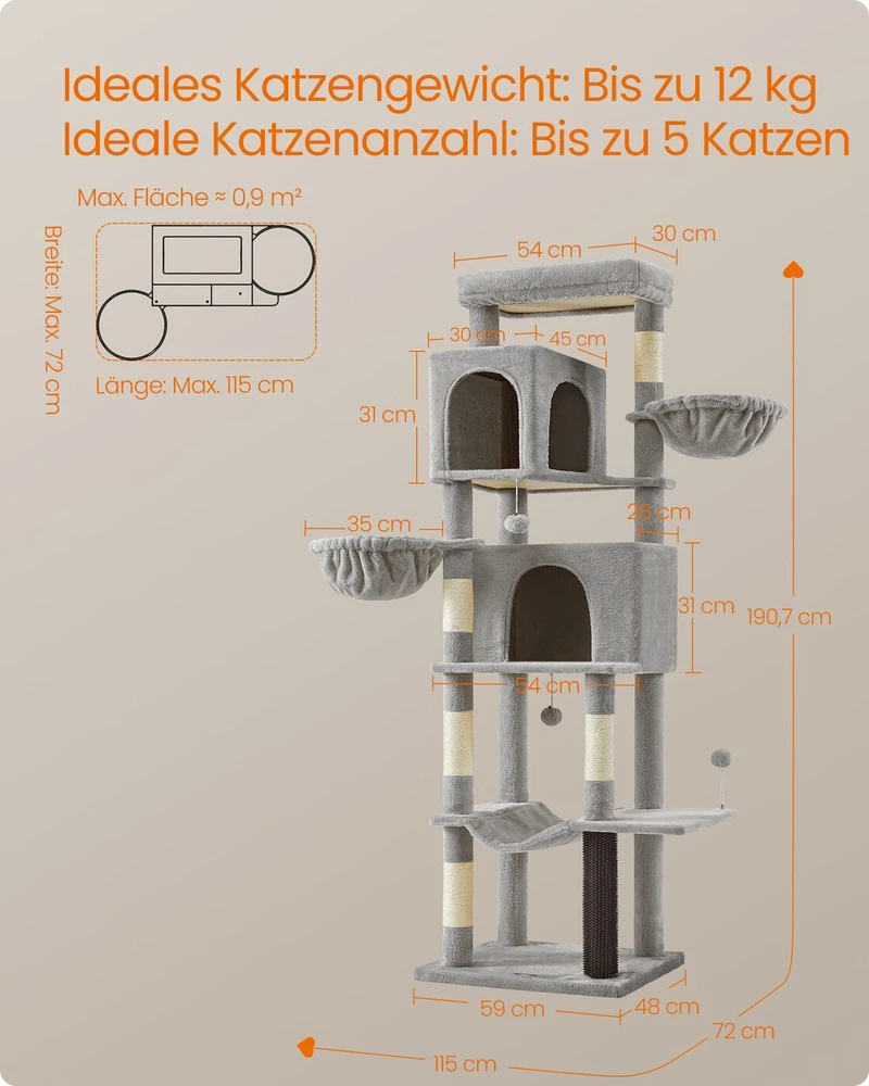 Songmics Feandrea 190,7 cm aukščio draskyklė su 2 urvais ir 2 guoliais balandžių pilkos spalvos