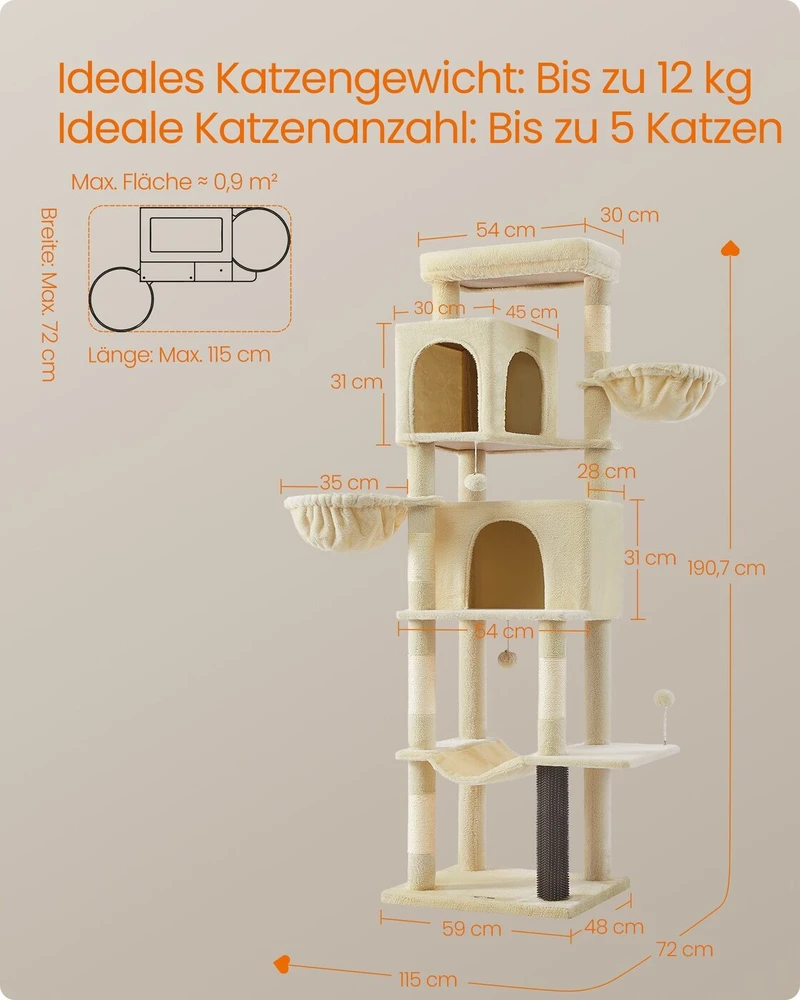 Songmics Feandrea 190,7 cm aukščio draskyklė su 2 ertmėmis ir 2 guoliais smėlio smėlio spalvos