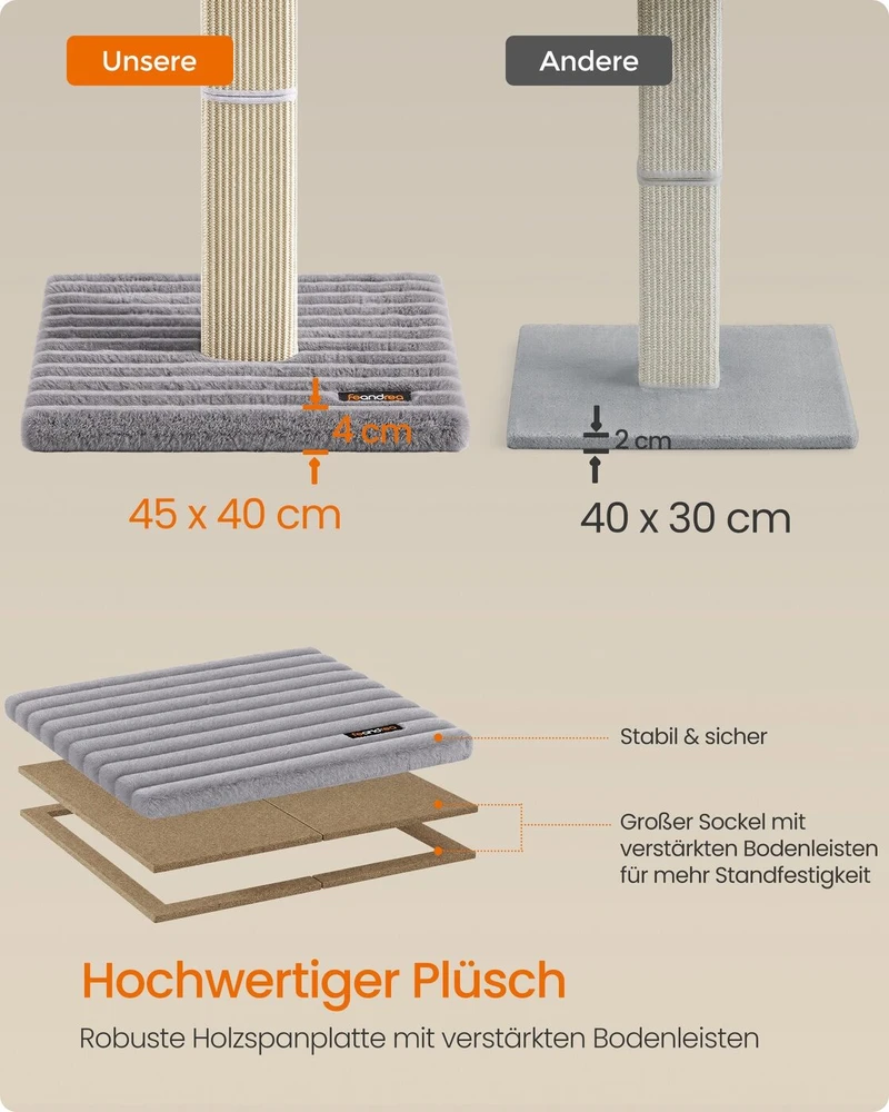 Songmics Kačių draskyklė su pliušine platforma ir sizalio stulpu, šviesiai pilka, 71 cm