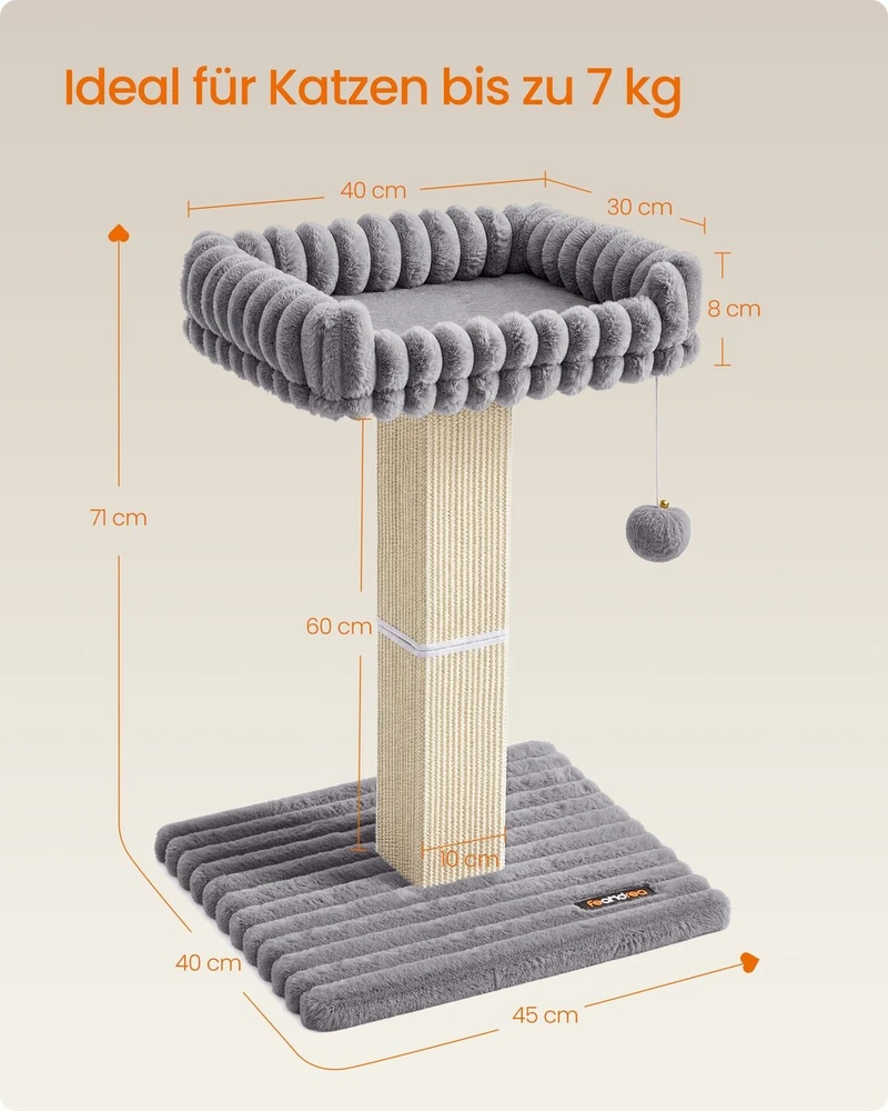 Songmics Kačių draskyklė su pliušine platforma ir sizalio stulpu, šviesiai pilka, 71 cm