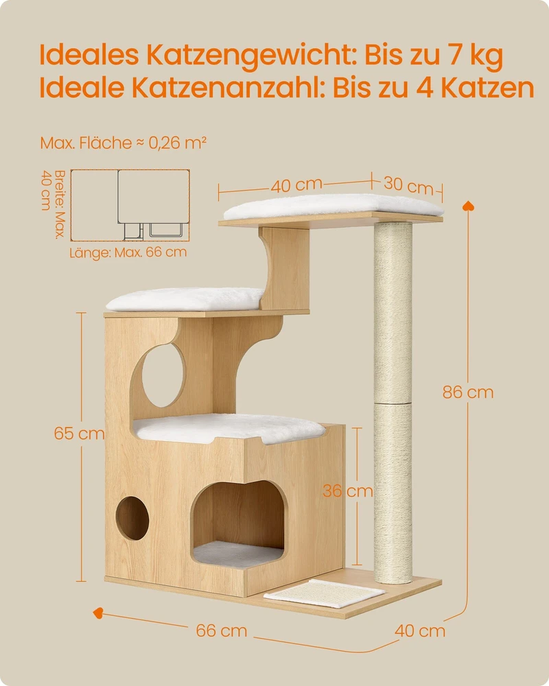 Songmics Kačių draskyklė su guoliu ir sizalio kilimėliu, migdolų geltonos spalvos, 88 cm