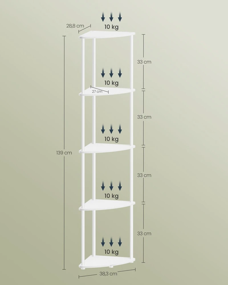 SONGMICS HOME Ypač greitas surinkimas be įrankių, kampinė 5 lygių lentynų sistema, stacionari lentynų sistema, 38,3 x 27 x 139 cm, svetainė, miegamasis, virtuvė, vintage ruda