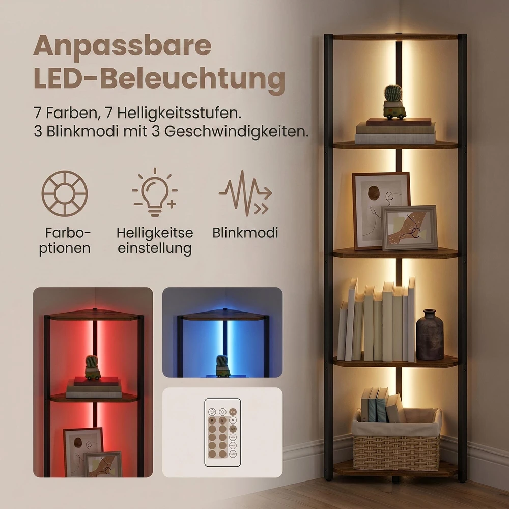Songmics VASAGLE kampinis stovas su 5 lygiais ir LED apšvietimu, vintage rudos spalvos