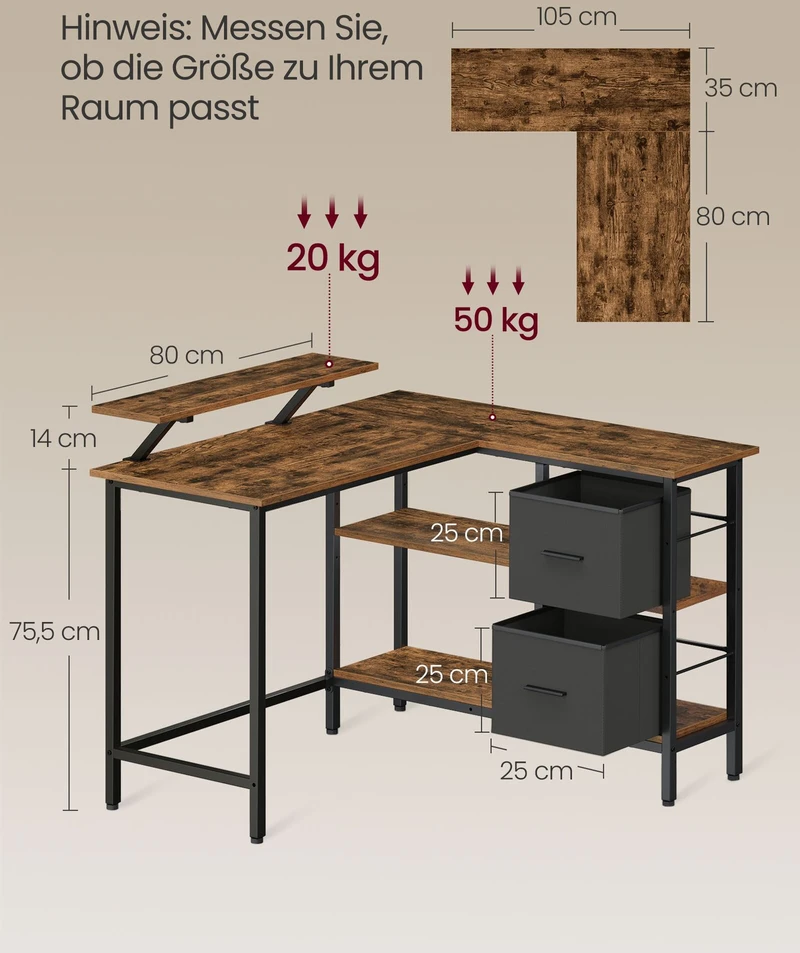Vasagle L formos stalas su 2 stalčiais 115 x 105 cm