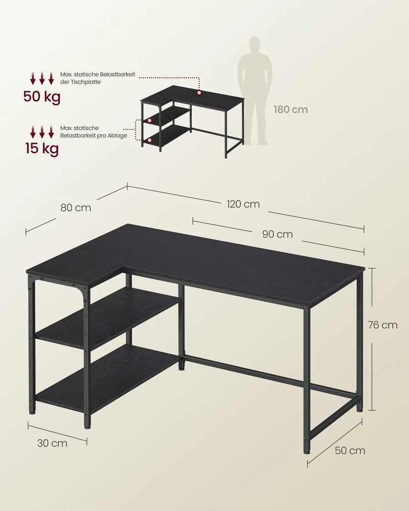 Songmics Kampinis rašomasis stalas 120 x 80 x 76 cm