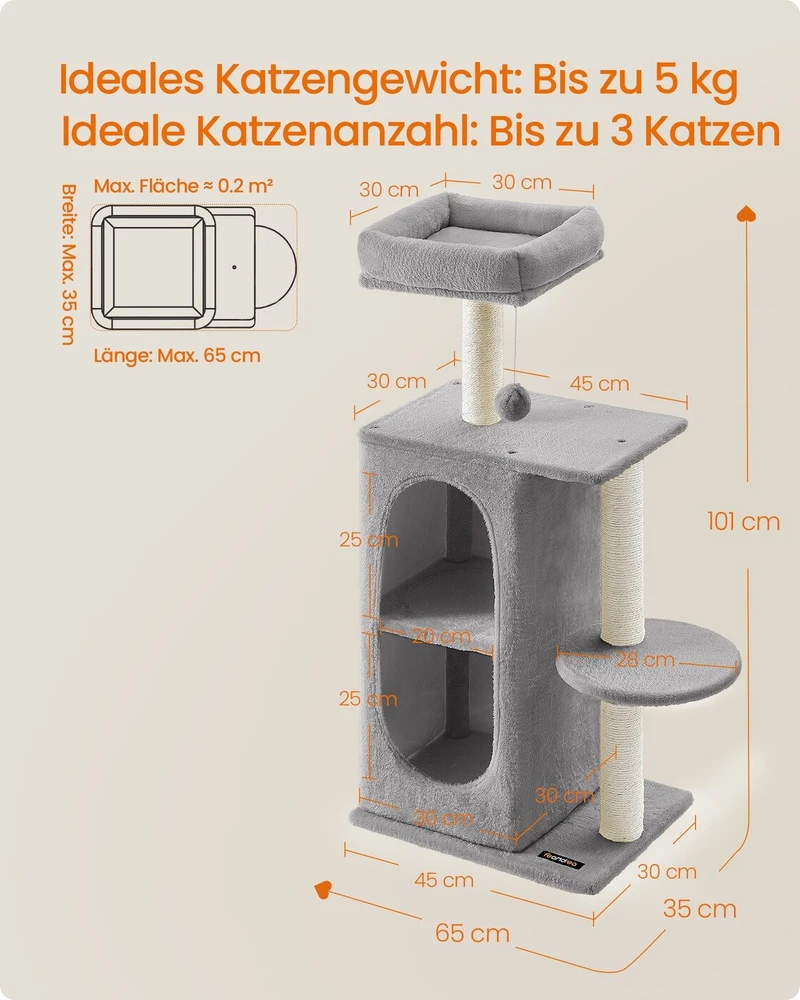 Songmics Kačių draskyklė su dviem guoliais ir platforma, šviesiai pilka 101cm