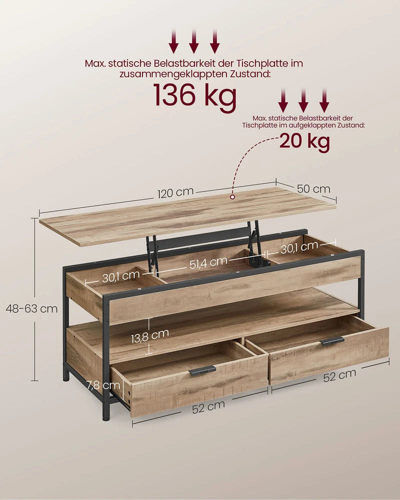 Songmics Vasagle Žurnalinis staliukas su stalčiais 50 x 120 cm ruda juoda