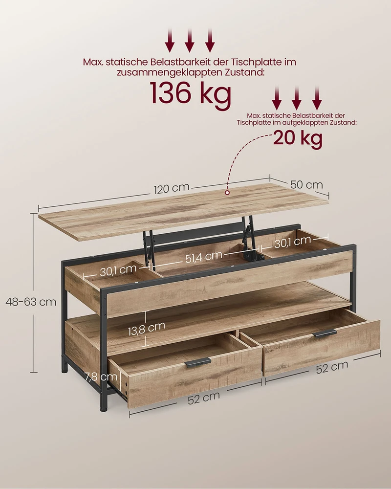 Songmics Vasagle Žurnalinis staliukas su stalčiais 50 x 120 cm ruda juoda