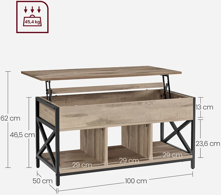 Songmics Vasagle Žurnalinis staliukas 50 x 100 x (46,5-62) cm kupranugario rudos-juodos spalvos