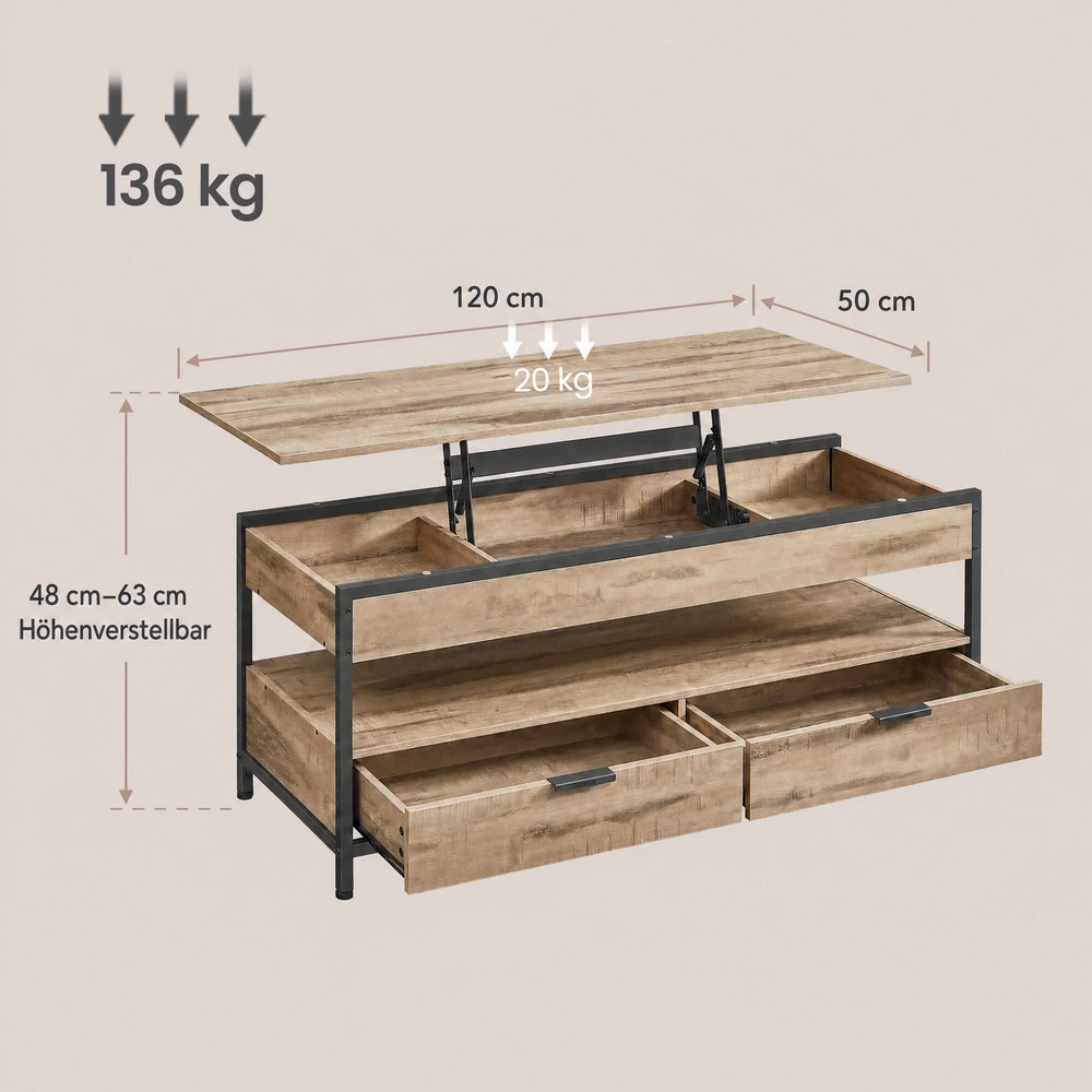 Songmics Reguliuojamo aukščio kavos staliukas su stalčiais 50x120 cm