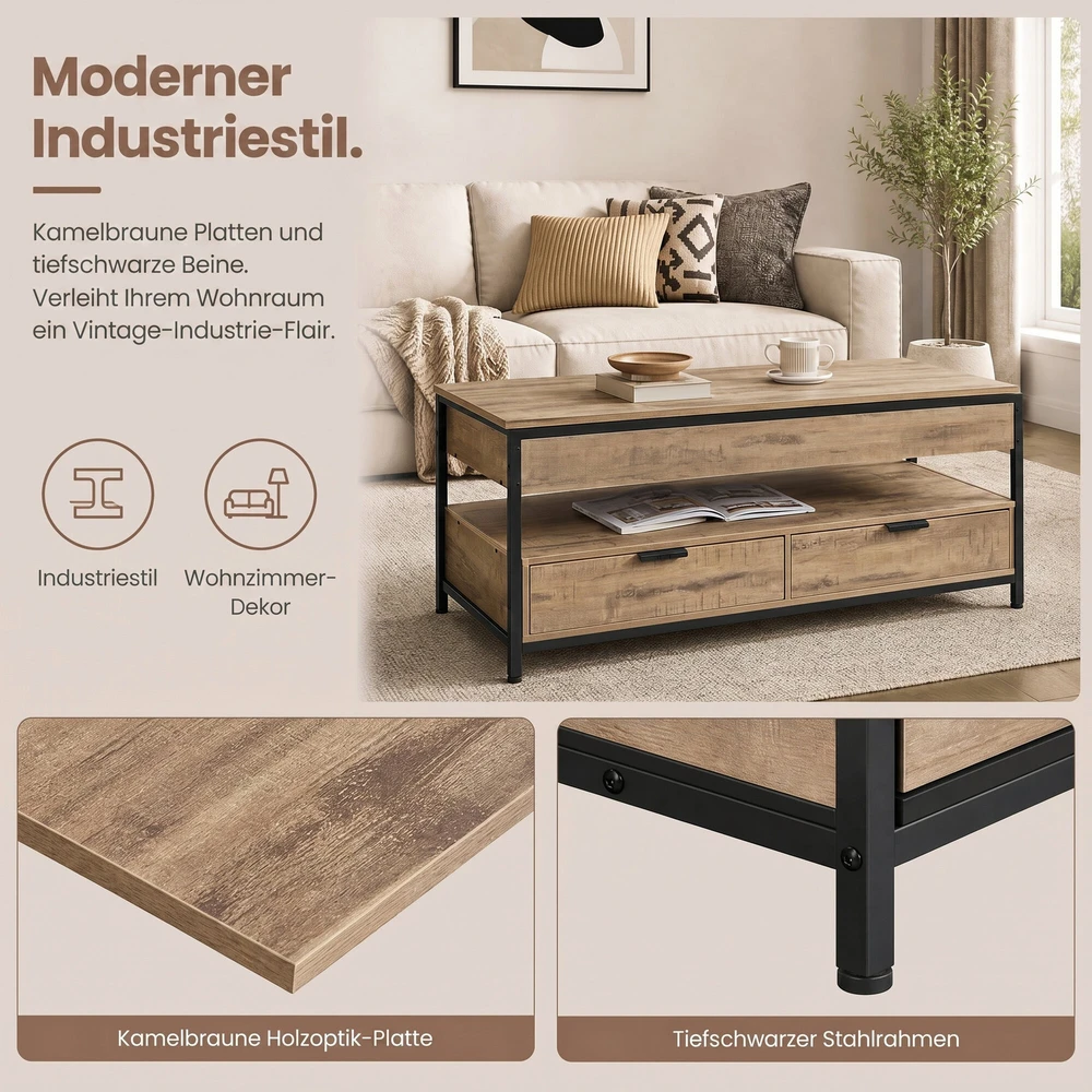 Songmics Reguliuojamo aukščio kavos staliukas su stalčiais 50x120 cm