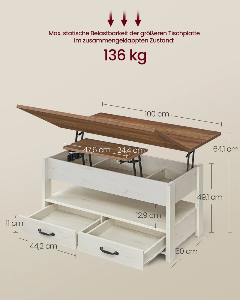 Songmics Kavos staliukas 50 x 100 x 49.1/64.1 cm