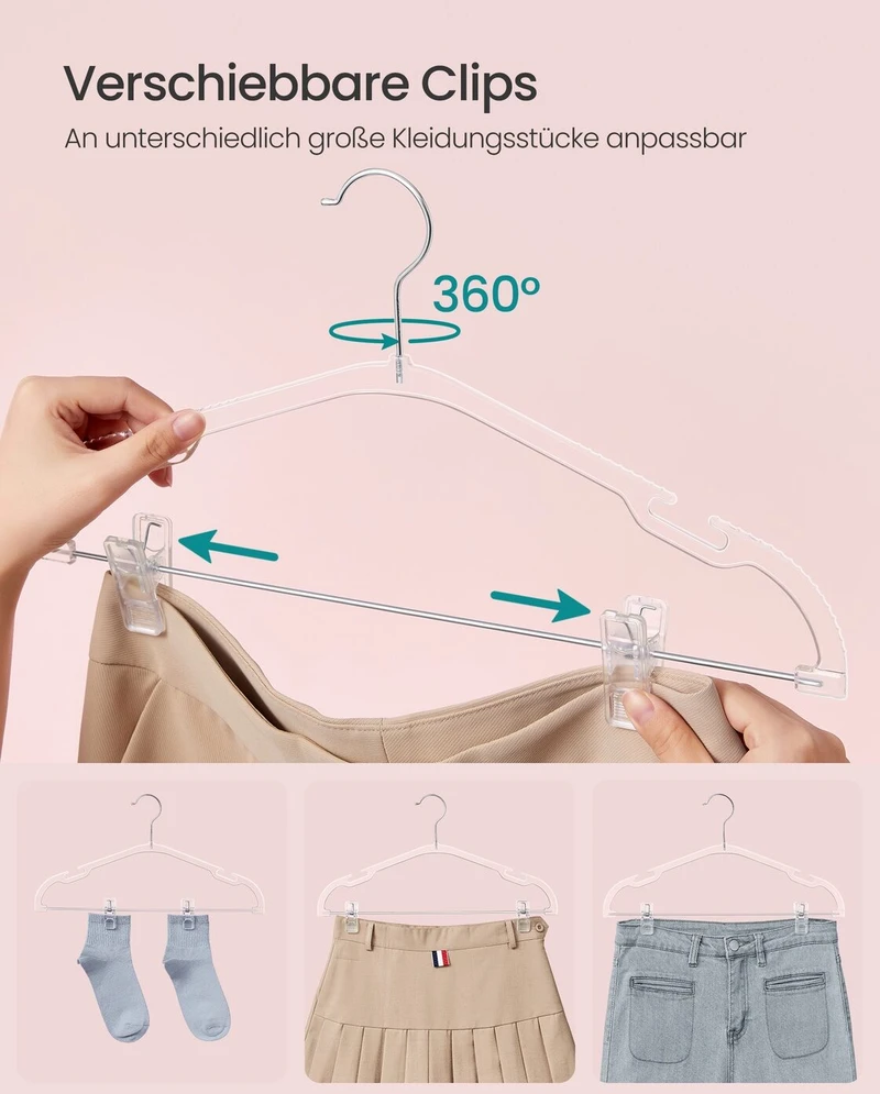 Songmics Kelnių pakabos 30 vnt 40,6 x 22,5 cm su besisukančiais kabliukais skaidrios