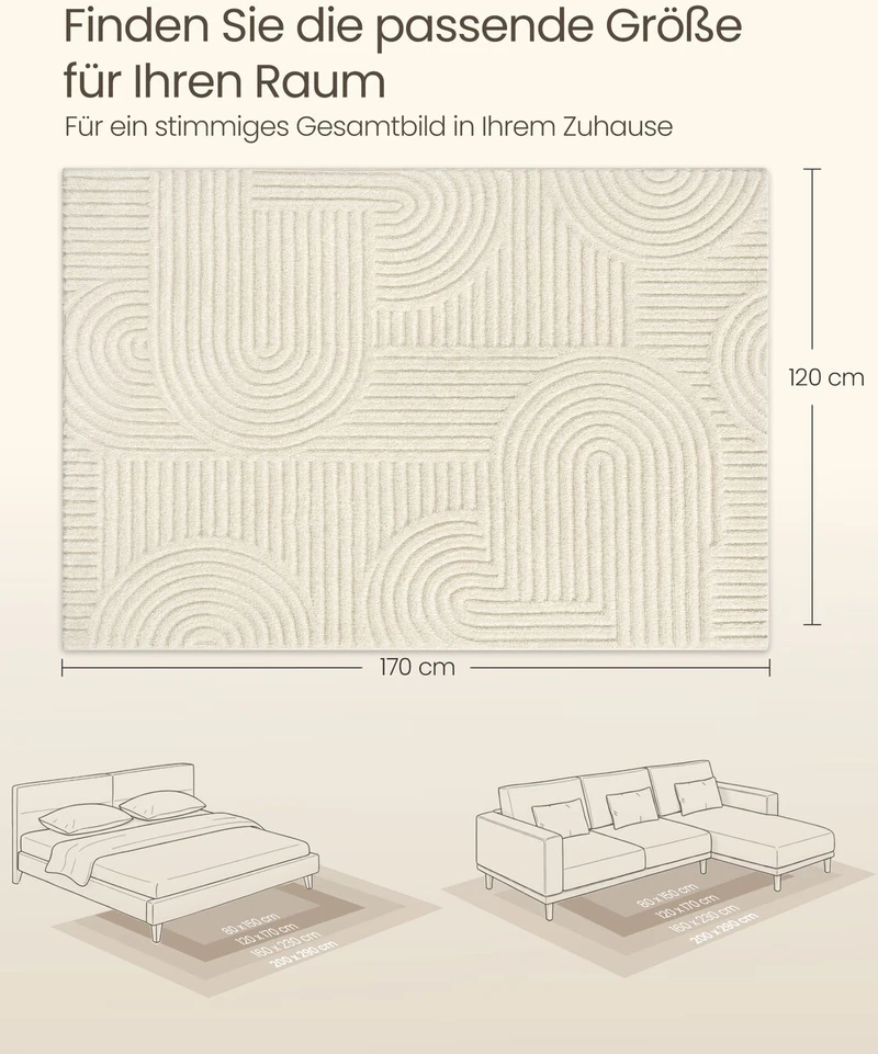 Songmics Kilimas 3D, skalbiamas skalbyklėje, kreminės baltos spalvos, 170 × 120 cm