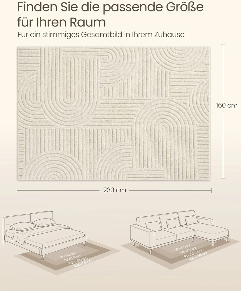 Songmics Kilimas, kreminės baltos spalvos, 230 × 160 cm