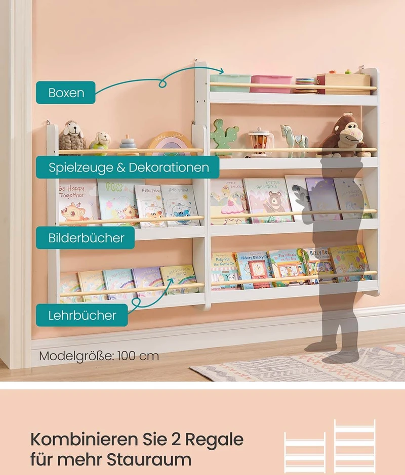 Songmics Vaikų kambario 4 lygių knygų spinta balta-natūrali spalva