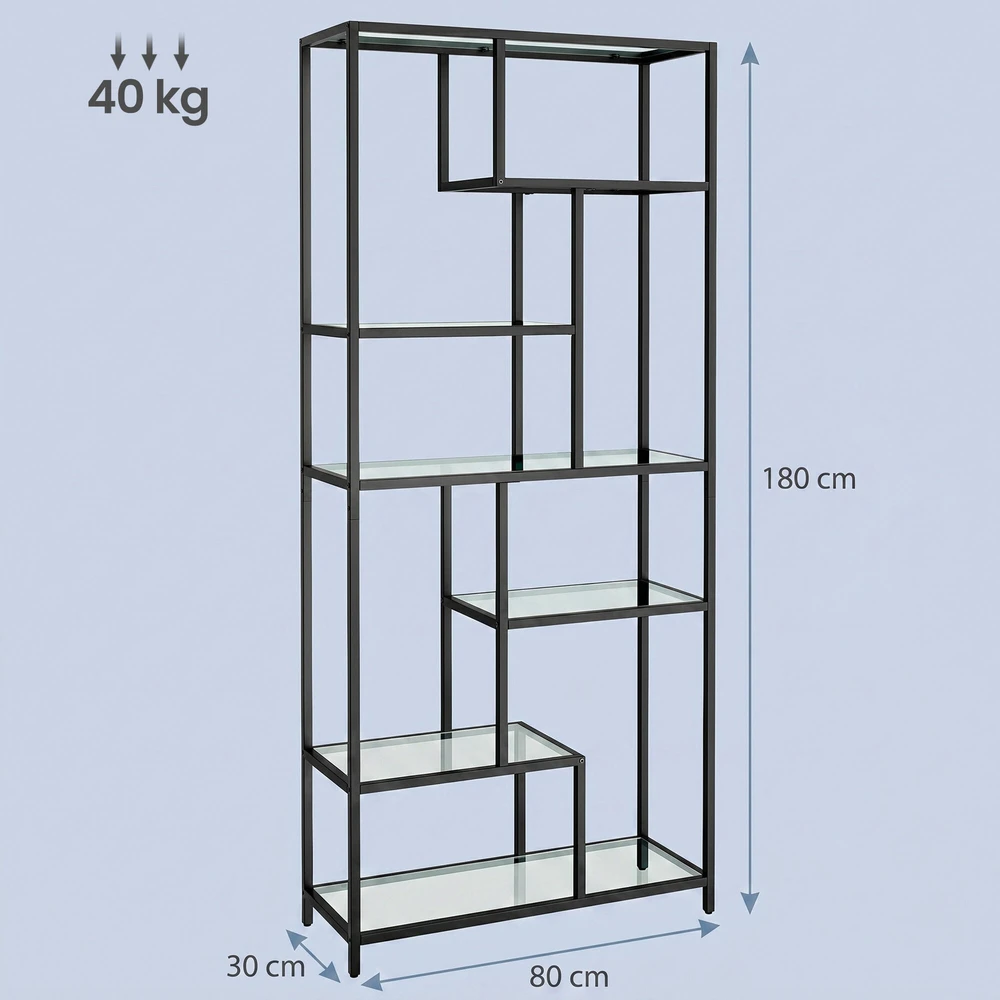 Songmics Knygų lentyna su 6 lentynomis iš grūdinto stiklo, 30x80x180 cm, juoda