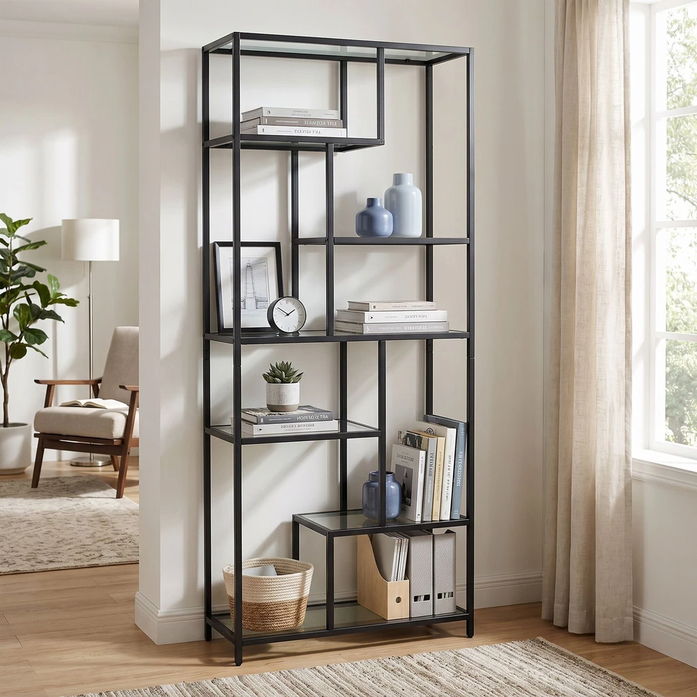 Songmics Knygų lentyna su 6 lentynomis iš grūdinto stiklo, 30x80x180 cm, juoda