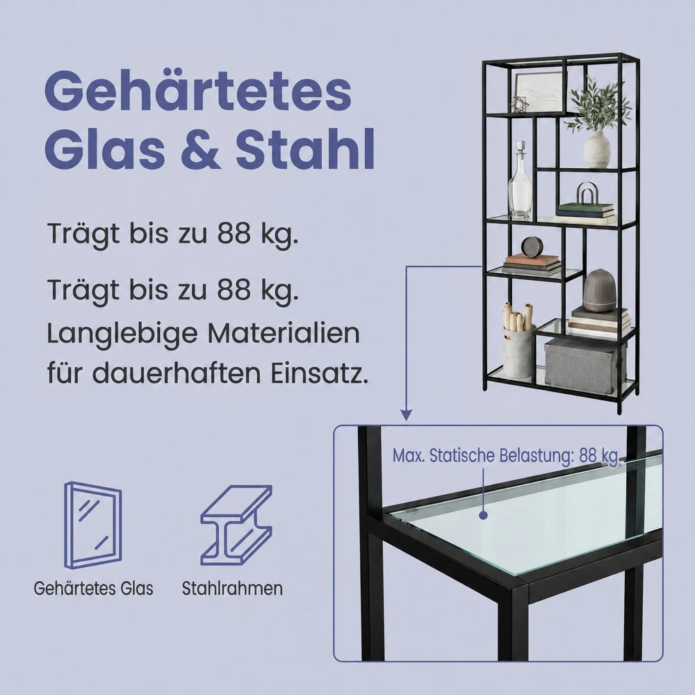 Songmics Knygų lentyna su 6 lentynomis iš grūdinto stiklo, 30x80x180 cm, juoda