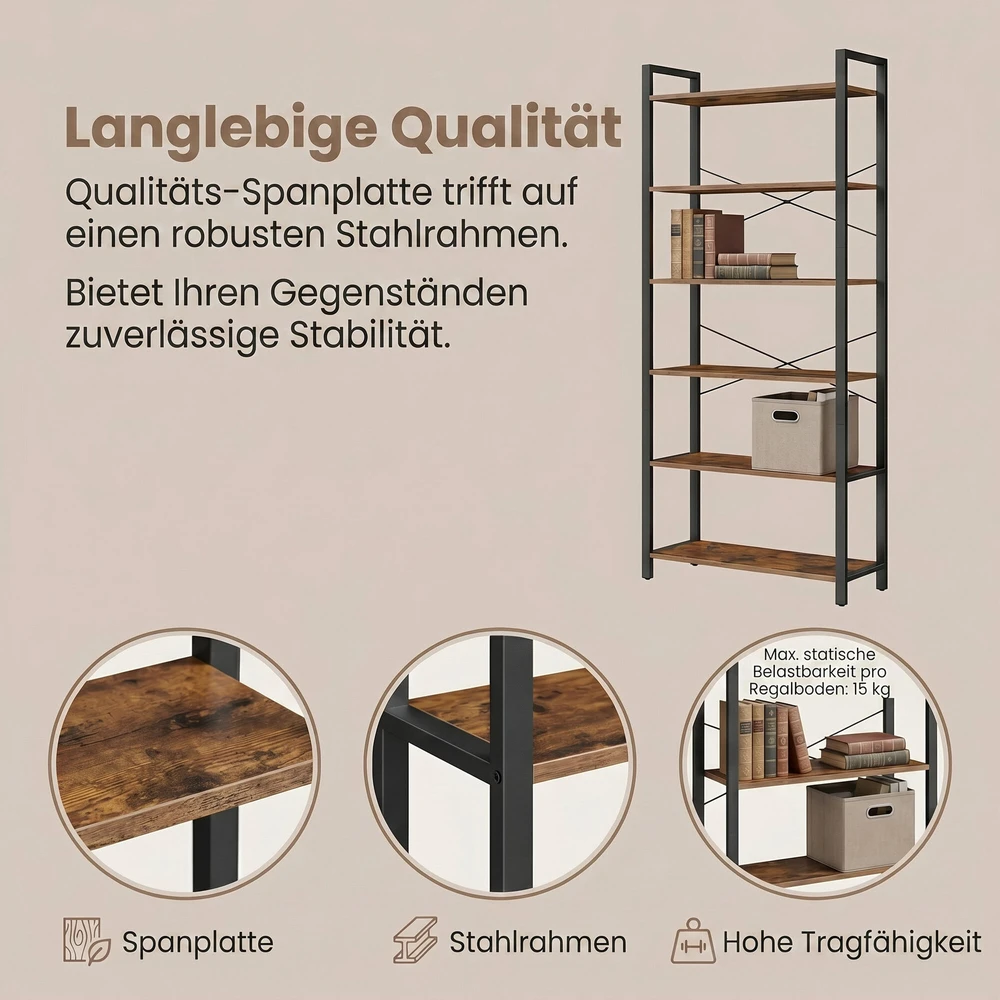 Songmics VASAGLE knygų lentyna 6 lygiai, stovinti lentyna su plieniniu rėmu, laisvai stovinti lentyna