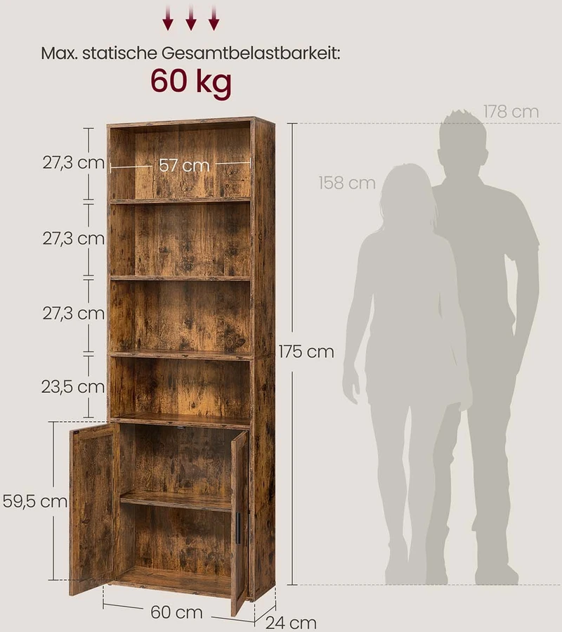 Vasagle Knygų lentyna CUSTOS 6 lentynų, 24x60x175 cm, rudos spalvos