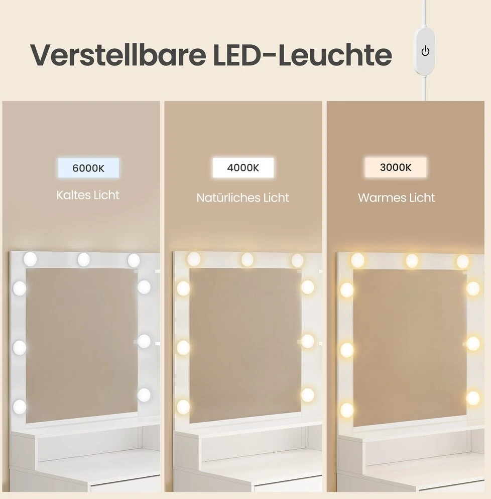Songmics Kosmetinis staliukas su veidrodžiu ir LED apšvietimu, baltas, 80 × 40 × 144,3 cm
