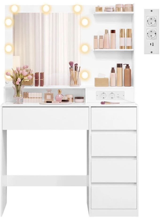 Songmics Kosmetinis staliukas su veidrodžiu ir LED apšvietimu, baltas, 80 × 40 × 144,3 cm