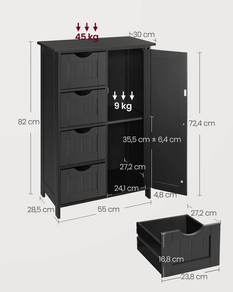 Songmics Vasagle Vonios spintelė 4 stalčiai 30 x 55 x 82 cm rašalas juodas