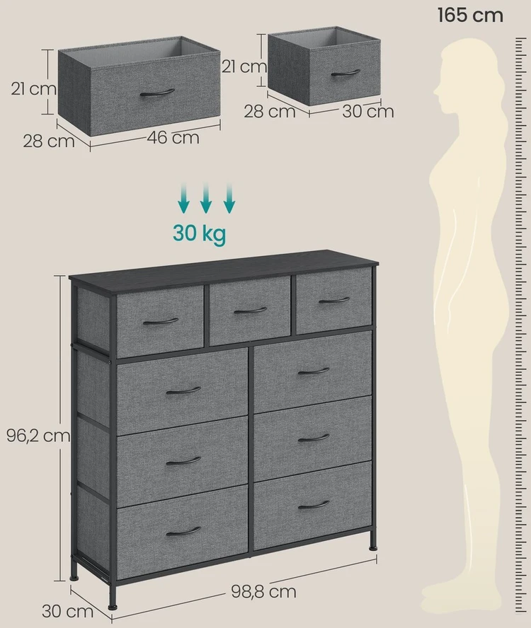 SONGMICS komoda BELLAH su 9 stalčiais, 95.2 x 98.8 x 30 cm, LGS324G101