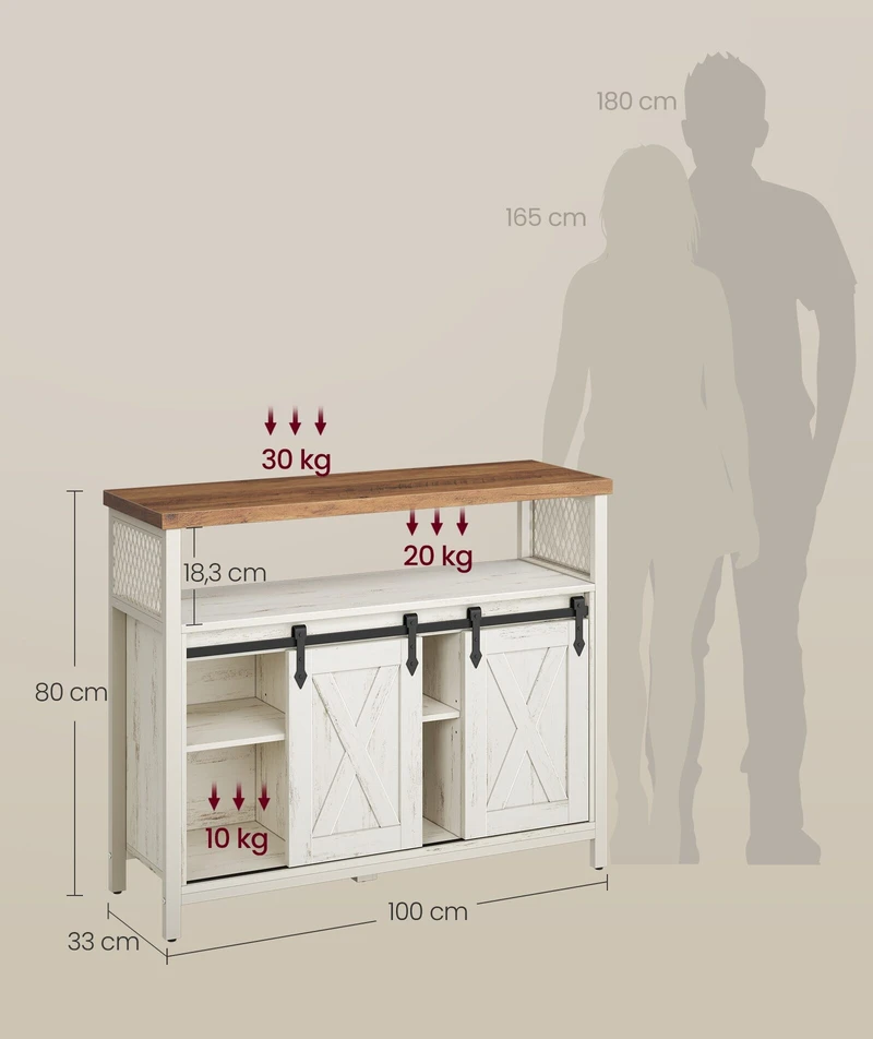 Vasagle Spintelė su stumdomosiomis durimis ir lentynomis, vintažinė balta ir medaus ruda, 33 x 100 x 80 cm