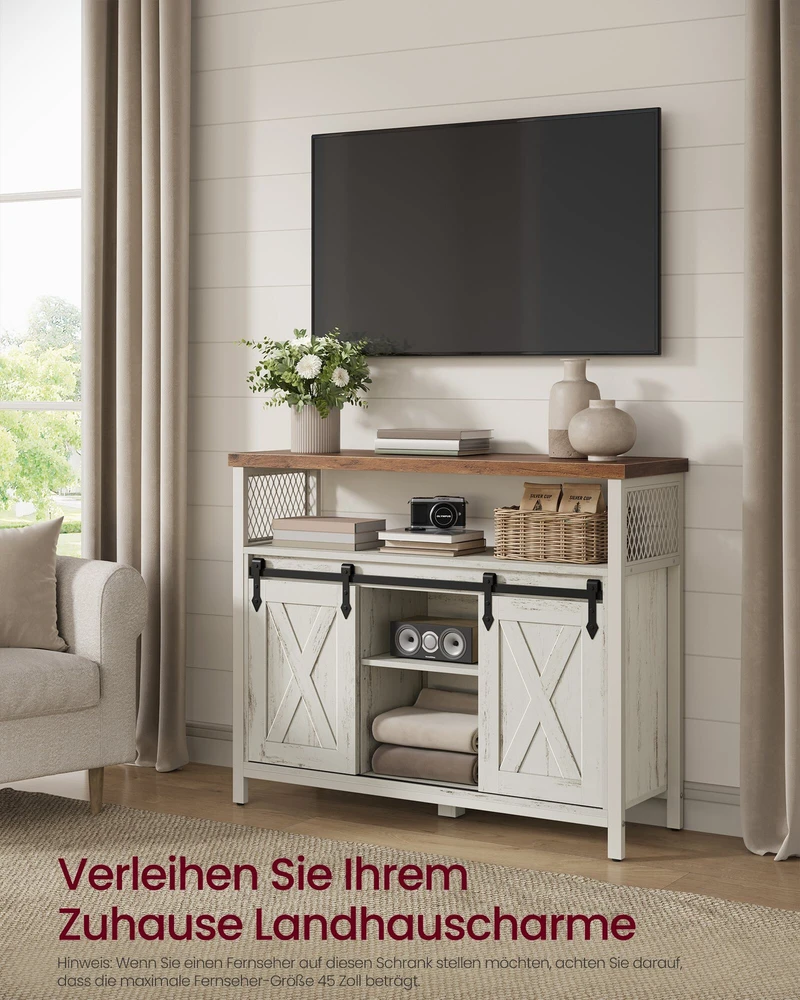 Vasagle Spintelė su stumdomosiomis durimis ir lentynomis, vintažinė balta ir medaus ruda, 33 x 100 x 80 cm