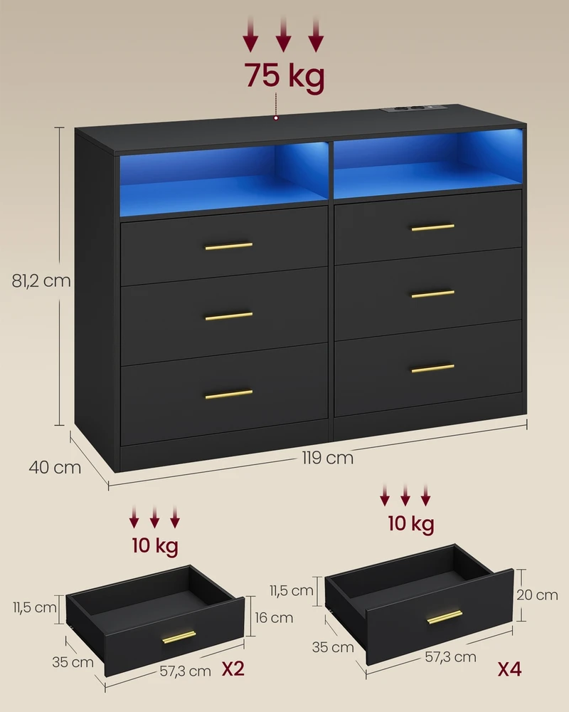 Songmics VASAGLE komoda su LED apšvietimu ir maitinimo lizdais, 6 stalčių, 40 × 119 × 81,2 cm, LTS316BC01