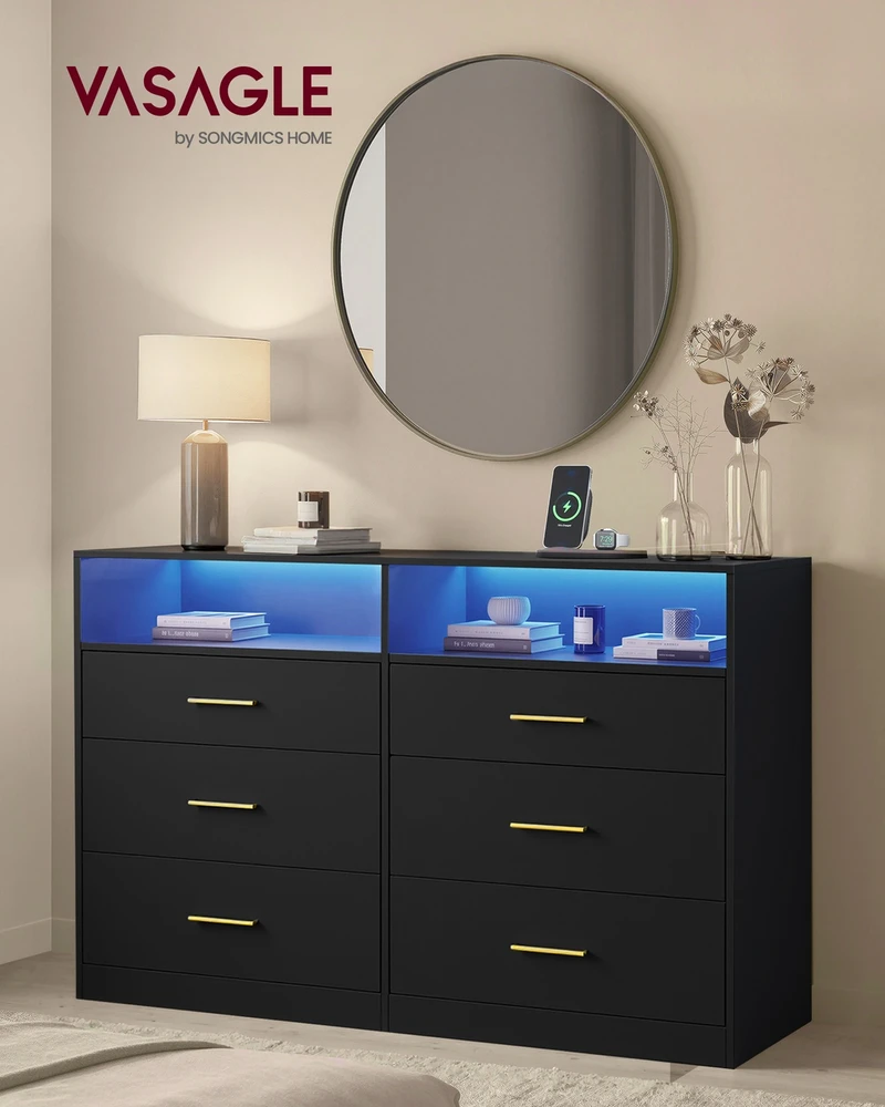 Songmics VASAGLE komoda su LED apšvietimu ir maitinimo lizdais, 6 stalčių, 40 × 119 × 81,2 cm, LTS316BC01