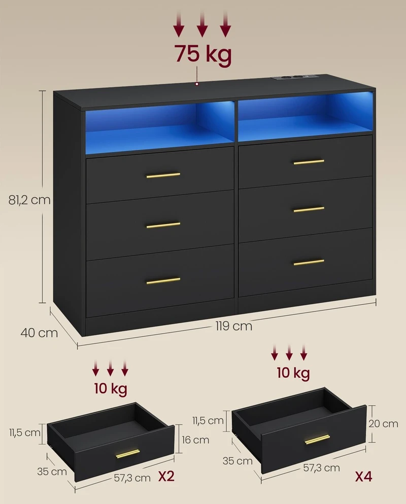 Songmics VASAGLE komoda su LED apšvietimu ir maitinimo lizdais, 6 stalčių, 40 × 119 × 81,2 cm, LTS316BC01