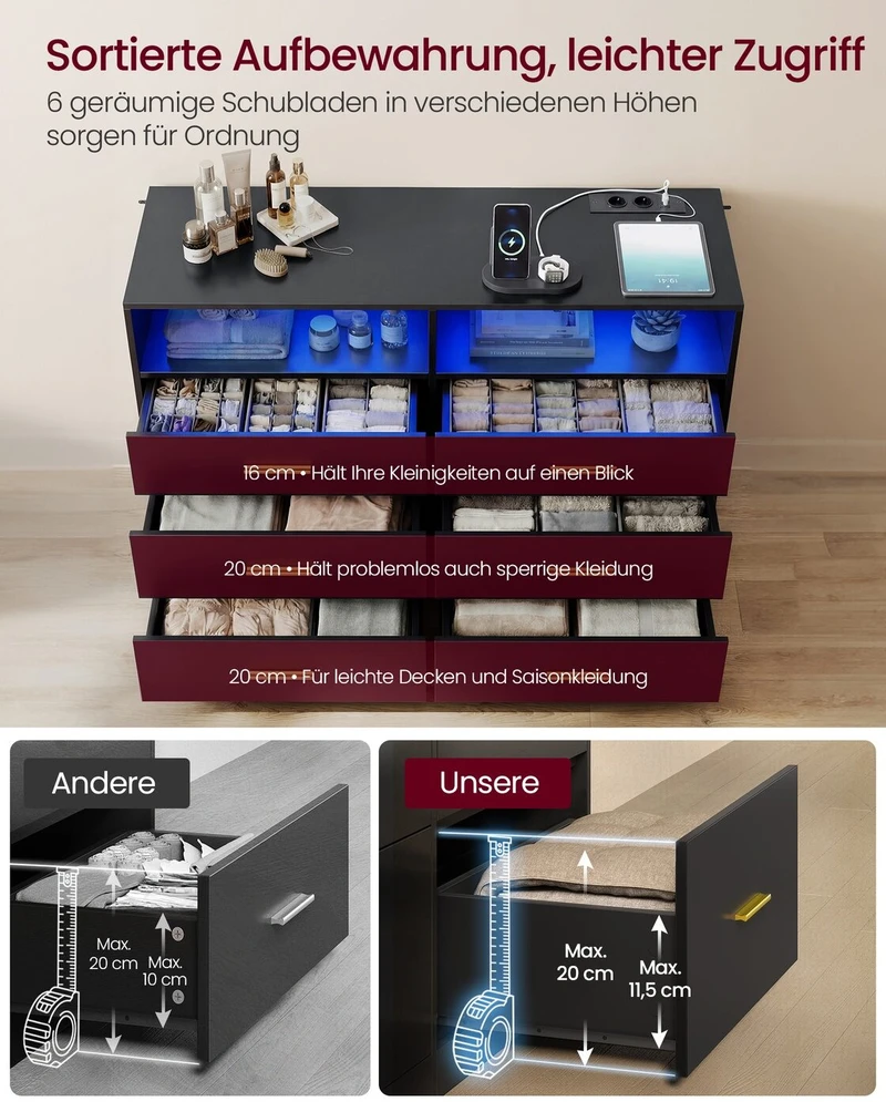 Songmics VASAGLE komoda su LED apšvietimu ir maitinimo lizdais, 6 stalčių, 40 × 119 × 81,2 cm, LTS316BC01