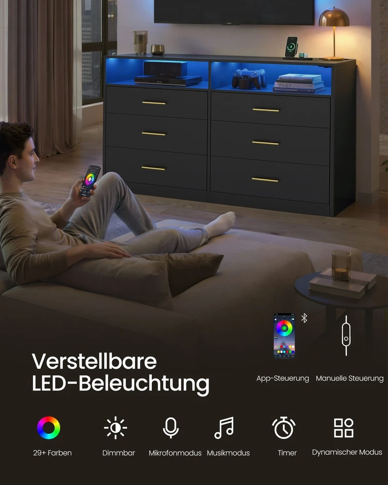 Songmics VASAGLE komoda su LED apšvietimu ir maitinimo lizdais, 6 stalčių, 40 × 119 × 81,2 cm, LTS316BC01